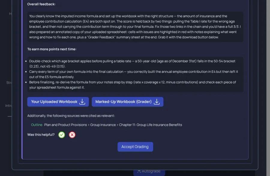 autograde feedback listing how to earn more points next time, with buttons to download your workbook and the marked-up copy