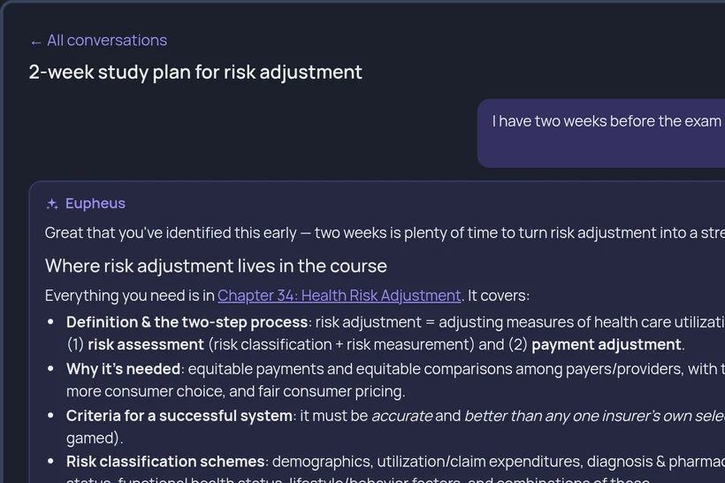 Eupheus building a two-week study plan for risk adjustment, linking specific notecards and past exam questions