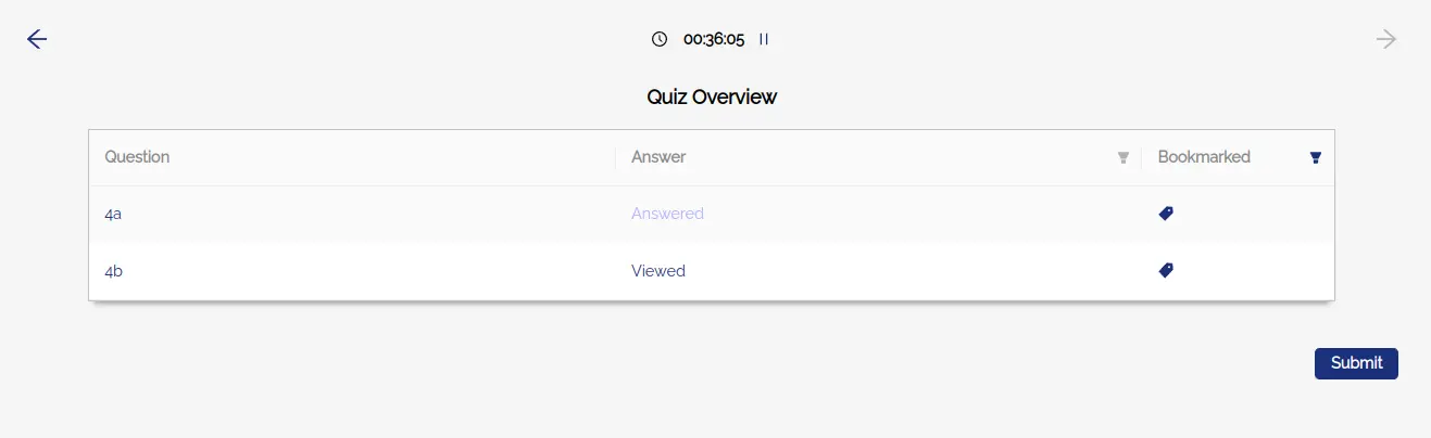 Example of filtering on bookmarked problems on the quiz overview page during a quiz