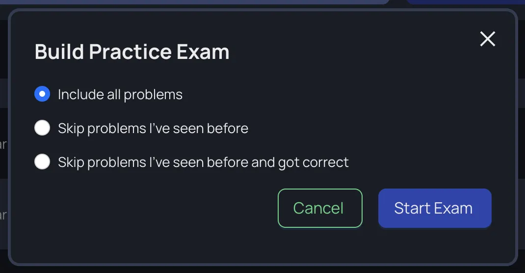 screenshot of the build exam modal with skip options