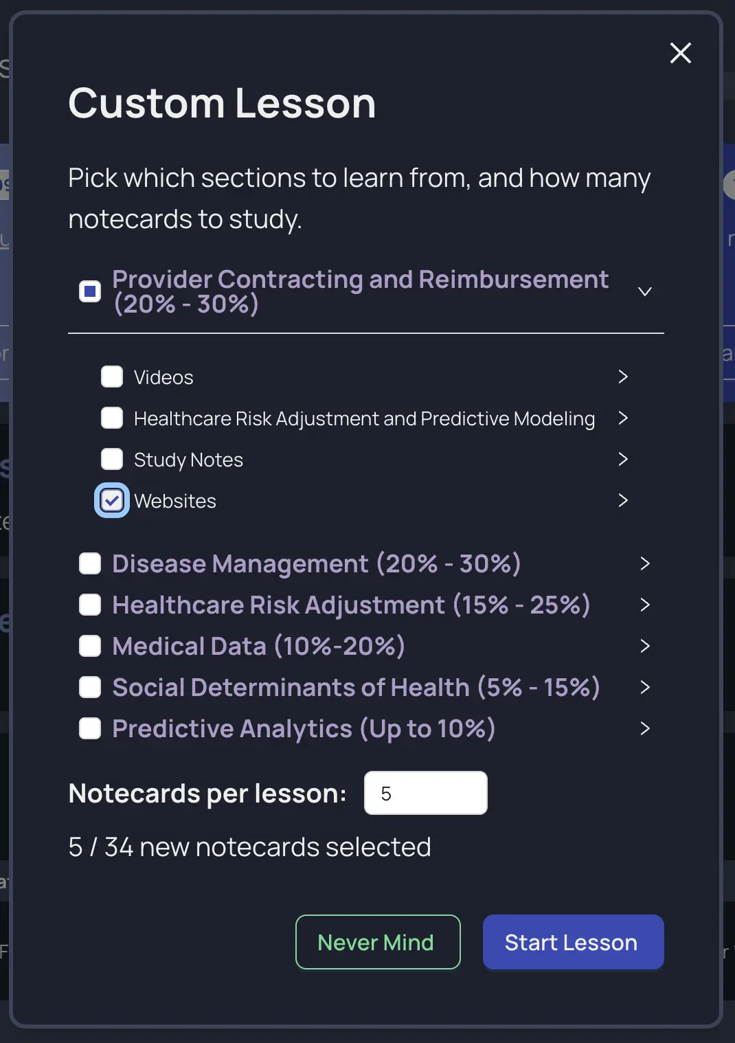 screenshot of the custom notecard lesson modal with section picker