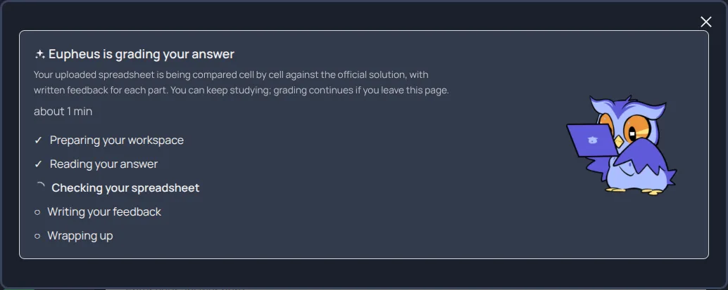 screenshot of the grading progress card with live stages and Eupheus mascot