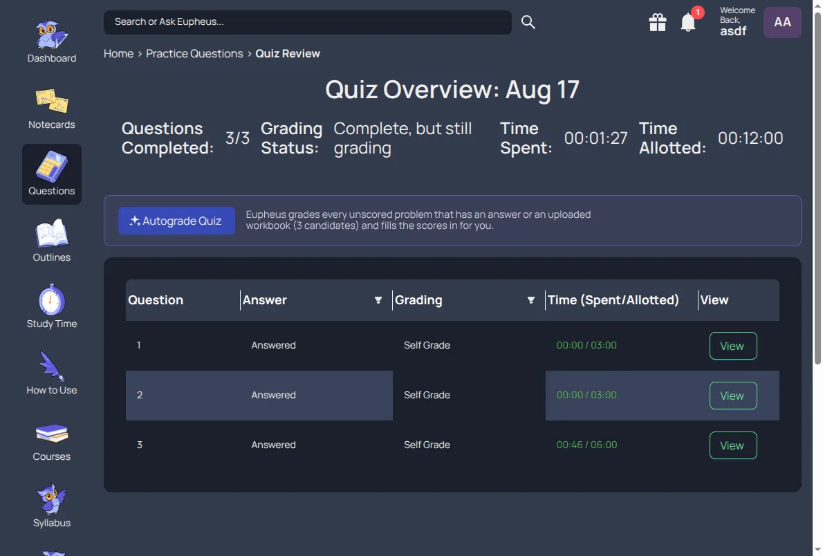 screenshot of the quiz review overview with the Autograde Quiz button