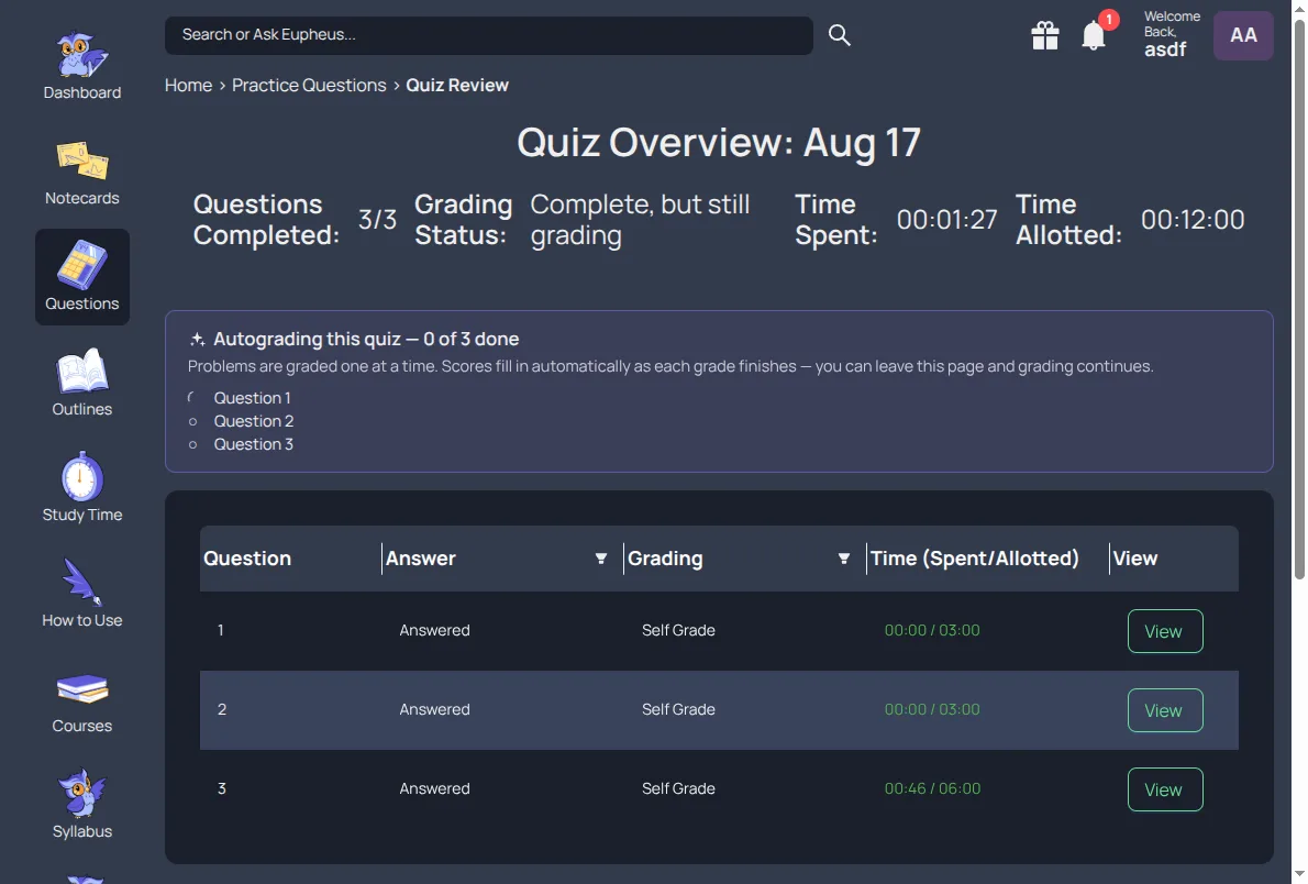 screenshot of the quiz autograding progress card with per-question status