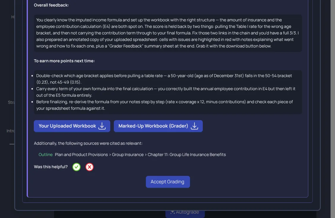screenshot of improvement suggestions and the workbook download buttons