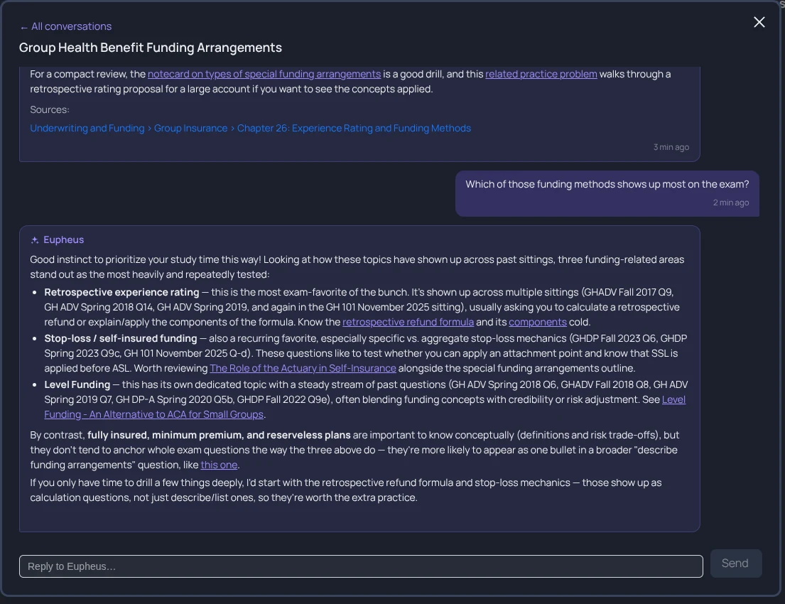 screenshot of Eupheus recommending which funding-method topics to prioritize, citing past exam sittings