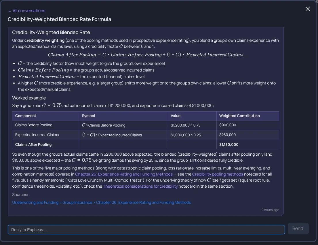 screenshot of Eupheus explaining the credibility-weighted blended rate formula with a worked example table