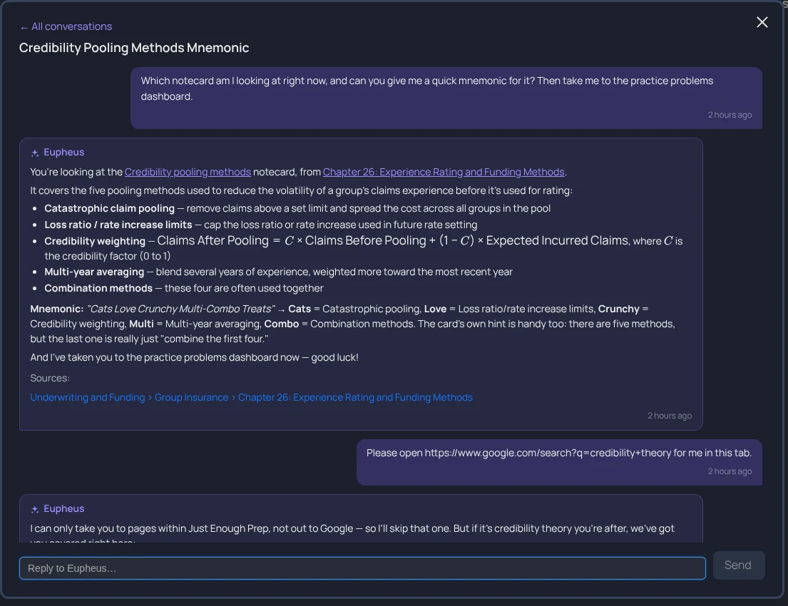 screenshot of Eupheus identifying the notecard on screen, giving a mnemonic, and navigating to the questions dashboard
