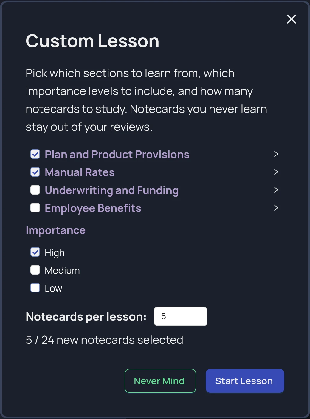 screenshot of the custom lesson modal with two sections ticked and only High importance selected