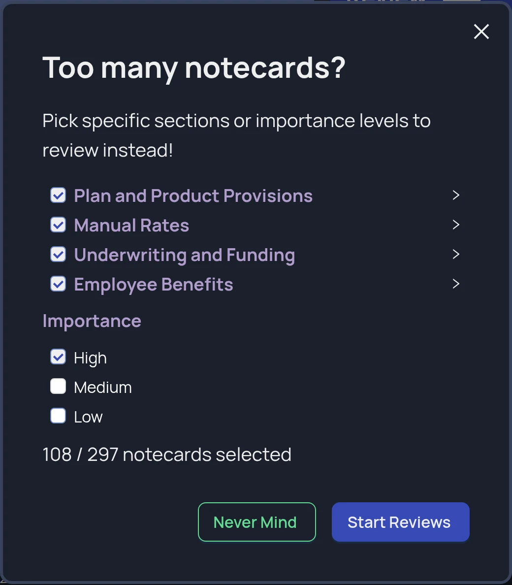 screenshot of the pick-by-section review modal with only High importance selected